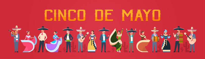 Cinco De Mayo Festival Poster With Mexican People In Traditional Clothes Musicians And Dancers Horizontal Banner Flat Vector Illustration