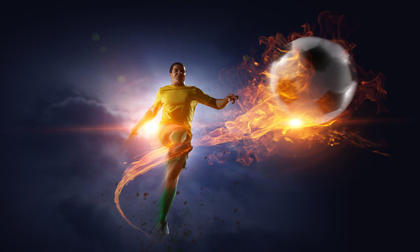 Soccer player kicking ball. Mixed media