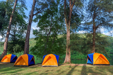 Camping and tent near river with view mountain