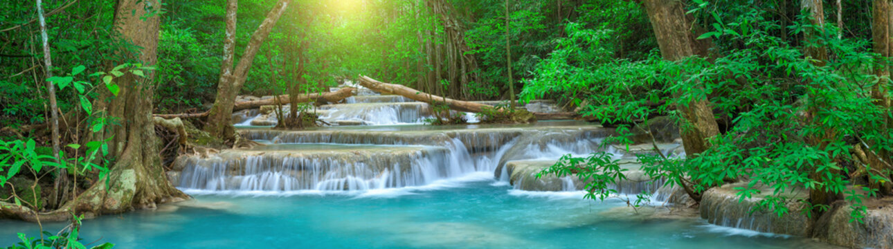 Panoramic beautiful deep forest waterfall in Thailand