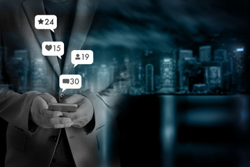 sms media man use  smart phone social media network pop notification icons