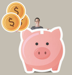 Woman with piggy bank mockup