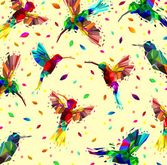 Pattern of  low poly colorful hummingbird with falling leaves back ground,animal geometric,Abstract vector.