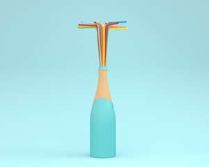 Champagne bottle with colorful straws on blue color pastel background. Party minimal concept. Idea creative foods and drinks that are typically enjoyed at festivals around the world
