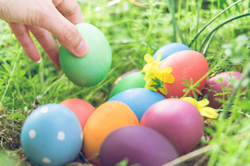 Easter egg ! happy colorful Easter sunday hunt holiday decorations Easter concept backgrounds with copy space