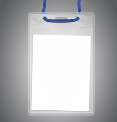 Badge with id card on the lace. Vector illustration isolated on gray background. Ready template to use for for presentations, conferences, design. EPS10.