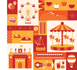 Various amusement rides at the amusement park vector flat design illustration set 