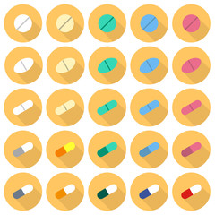 Medicine pills flat icon set