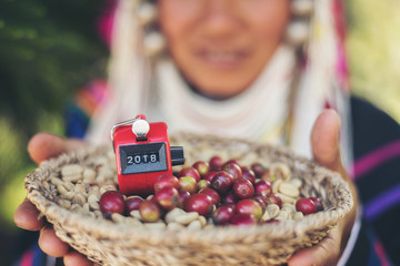 red berries coffee beans on basket wooden