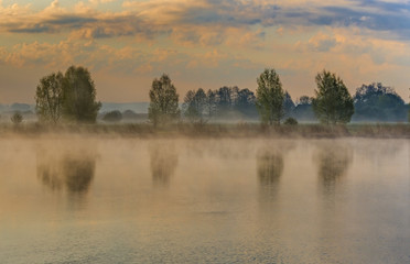 Countryside landscape with trees reflections in the water, spring time, Europe