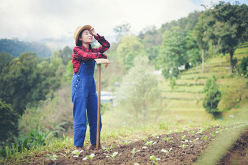 farmer woman .Planting trees in the garden