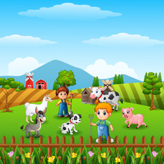 Obraz na płótnie Canvas Cartoon little farmers with animals at the farm