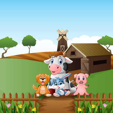 Farm background with happy animals