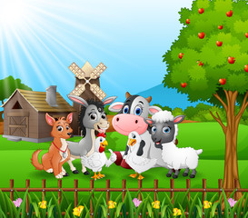 Farm background with happy animals