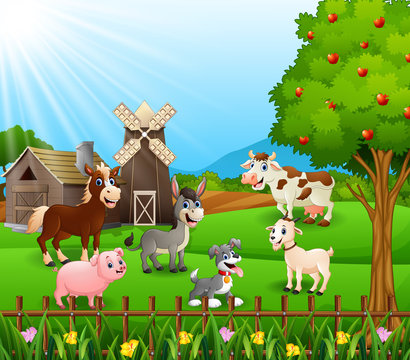 Farm background with happy animals 