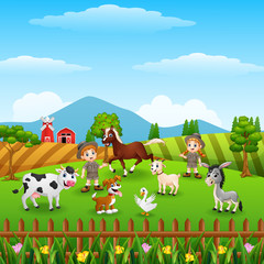 Zookeeper with the animals in the farm 