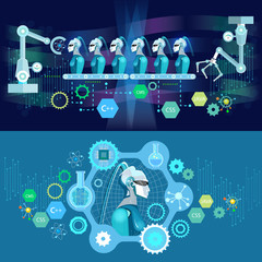 Future technology banner. Nanotechnologies, programming of robot, cyborg, artificial intelligence, microchips, people and computers vector art