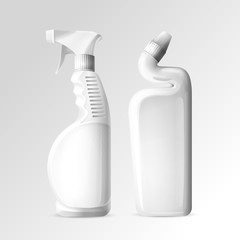 Household cleaning chemicals vector illustration of 3D mockup bottles of toilet and bathroom cleaner or glass cleanser spray. White plastic bottles for kitchen degreaser and floor polish isolated set