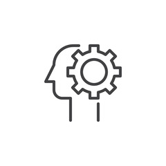 Gear in head outline icon. linear style sign for mobile concept and web design. Thinking process, idea generation, brain functioning simple line vector icon. Symbol, logo illustration