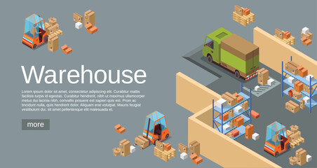 Warehouse isometric 3D vector illustration of logistics transport and delivery vehicles. Isometric warehouse map plan with parcels departments and loader forklift trucks for web site or infographics