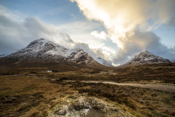 Scotland highlands near Glencoe, beautiful winter landscape for travel and hiking.