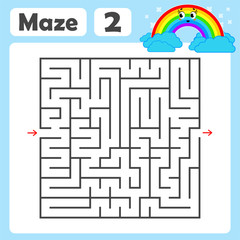 A square labyrinth. Developmental game for children. Colored Vector Flat Isolated Illustration. With a cute rainbow cartoon.