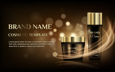 A beautiful cosmetic templates for ads, luxury exhibition from realistic transparent bottle and jar on a gold shiny background with lighting flare effect