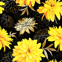 Seamless pattern with flowers of Rudbeckia Laciniata, also called Golden Ball on a black background with sequins. Hand drawn sketch. Template for floral textile design, paper, wallpaper, web. 