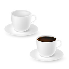 Realistic white emty and full cups of coffee isolated on white. Vector illustration.