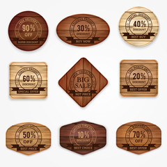 Wooden sale discount banners, stickers, labels collection . Set of various shapes wooden sign. Vector illustration.