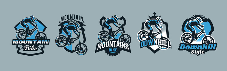 Obraz premium A colorful set of emblems, badges, logos of a rider flying on a mountain bike. Bicycle, transport, downhill, freeride, extreme, sports. T-shirt printing, vector illustration.