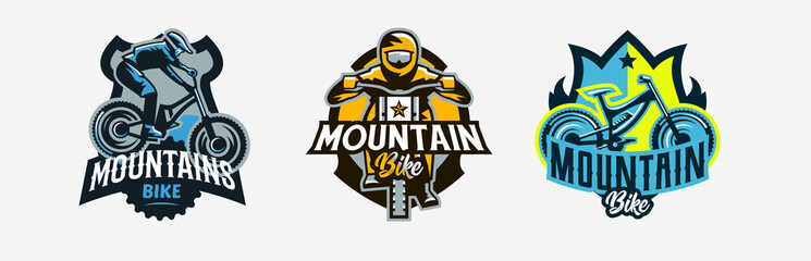 A set of colorful logos, badges, emblems on the theme of a rider and a trip on a mountain bike. Bicycle, transport, downhill, freeride, extreme, sports. T-shirt printing, vector illustration.