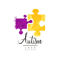 Creative vector logo for Autism Awareness Day with two pieces of puzzle. Symbol of Down Syndrome. Design for postcard, invitation or helping center