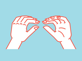 Obraz premium Gesture. Lizard sign. Stylized hand for geek hand game. Icon. Vector illustration on a blue background. Orange lines and white silhouette. Element for your design.