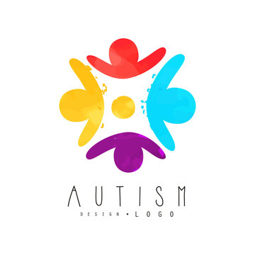 Autism awareness day logo with humans in circle. Genetic disorder. Colorful vector emblem for charitable organization, wellness or medical center
