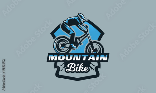 "Colorful emblem, badge, logo of a rider on a mountain bike. Bicycle