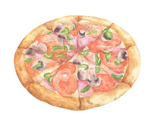 Hand drawn watercolor fastfood full size pizza illustration, isolated on white background. Food design.
