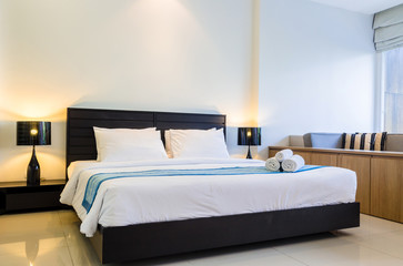 Bedroom decoration in pool access cozy room./Modern bedroom decoration in pool access cozy room.
