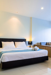 Bedroom decoration in pool access cozy room./Modern bedroom decoration in pool access cozy room.
