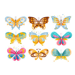 Obraz na płótnie Canvas Flat vector set of brightly colored butterflies with beautiful wings. Flying insects. Icons with gradients and texture.