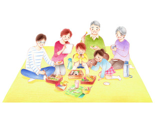 ピクニックする家族