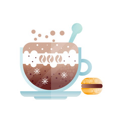Cup of fresh americano. Mug of cold coffee drink and macaroon. Delicious beverage and dessert. Creative icon with gradients and texture. Flat vector for promo poster