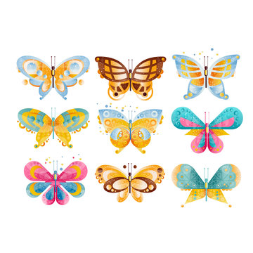 Flat vector set of brightly colored butterflies with beautiful wings. Flying insects. Icons with gradients and texture.