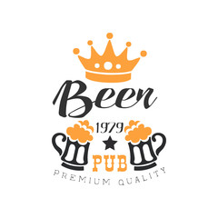 Stylish black and orange emblem for pub, restaurant or cafe. Original vector logo with crown and beer mugs with foam. Strong drink