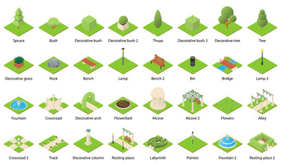 Park nature elements landscape design icons set. Isometric illustration of 32 park nature elements landscape vector icons for web