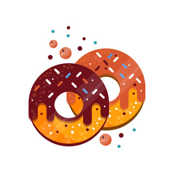 Two donuts with colorful sprinkles, caramel and chocolate glaze. Delicious and sweet dessert. Food for breakfast. Flat vector