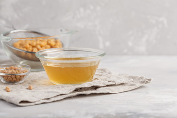 Chickpea broth - aquafaba. Replace egg in baking for vegan recipe, copy space. Healthy diet concept.