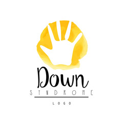 Bright logo with child hand for medical Down Syndrome center. Vector for event invitation, charitable fund or postcard for Autism Awareness Day - April 2