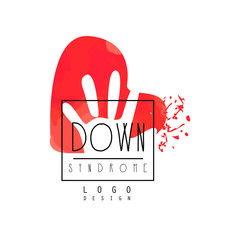 Original Down Syndrome logo for medical or wellness center. Vector emblem with abstract red heart with child palm/hand. Autism Awareness Day