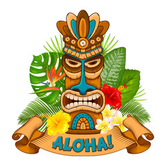 Wooden Tiki mask and signboard of bar © Pagina